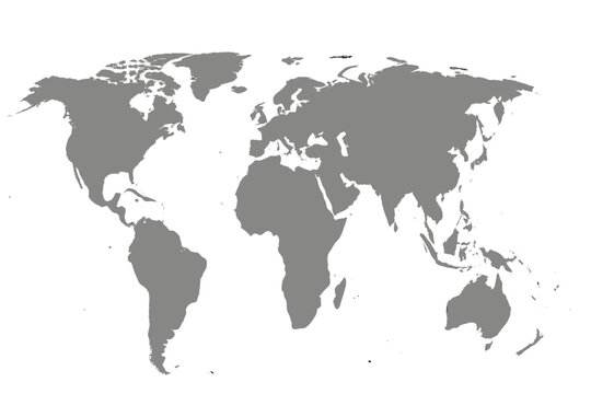 Simplified gray world map silhouette on clean white background