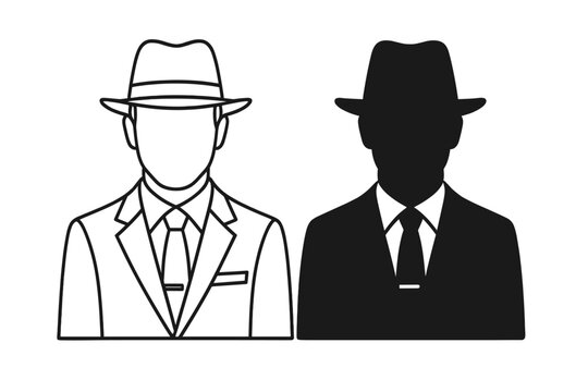 Outline and silhouette icons of a man wearing a suit and fedora