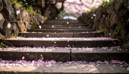 A stone staircase is covered in a carpet of delicate pink cherry blossom petals, with more petals gently falling from the trees above.