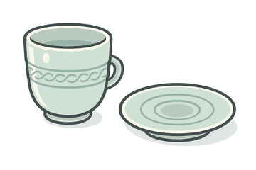 Light green ceramic teacup and saucer with braided pattern detail