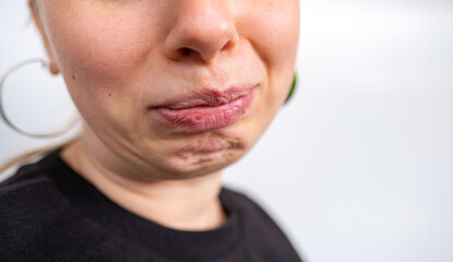 Young crying woman with hurt expression on face, mouth, sadness and resentment, emotional pain, Misunderstanding and disappointment, and vulnerable human feelings, Female emotion and expression