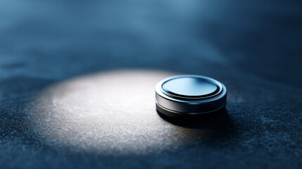 Close-up of a sleek metallic smart button device illuminated by focused light on a textured dark surface with blurred background