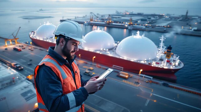 Inspector utilizing device to monitor LNG tank status from afar