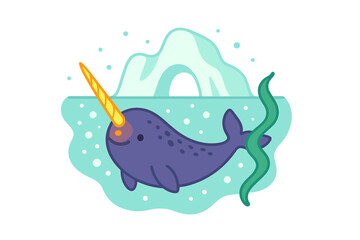 Cute cartoon narwhal swimming near arctic iceberg with seaweed © Mark