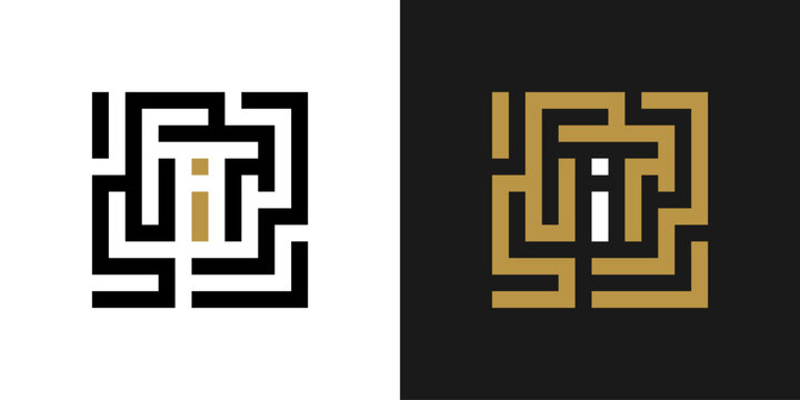 Geometric Font. Square labyrinth alphabet, geometric letter I, unique puzzle font for creative logos. Abstract labyrinth typography design.