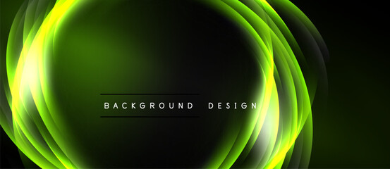 Abstract green light waves create dynamic background. Smooth gradients, modern design elements, dark space surrounds bright curves.