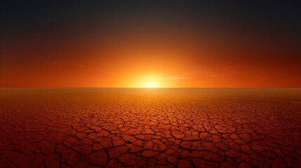 Cracked earth in a desert landscape showing global warming impact. Intense sunlight creating a hot, arid and infertile scene