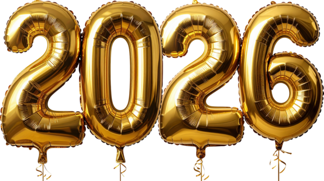 Shiny Gold Foil Balloons Forming the Year 2026 Celebration Display