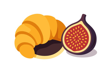 Freshly baked golden croissant and a ripe fig cut open showing the red pulp and seeds