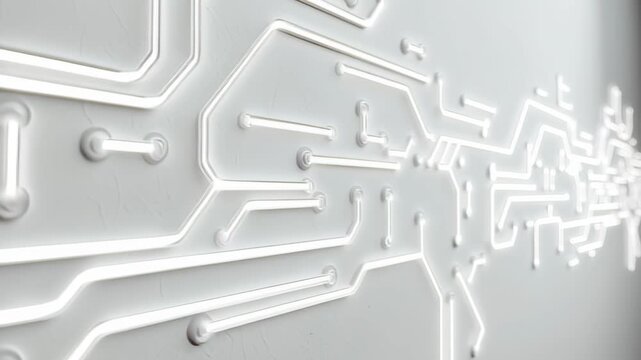 glowing circuit patterns embedded into smooth white wall, minimal futuristic stock concept 