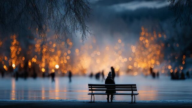 A Solitary Figure Contemplates the Winter Wonderland, Surrounded by Glimmering Lights and Joyful Skaters on a Glacial Surface at Twilight in a Scene Evoking Calmness and Reflection