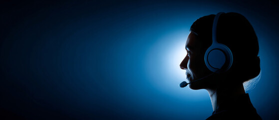 Profile of a woman wearing a headset with microphone against a blue gradient background in a dark environment