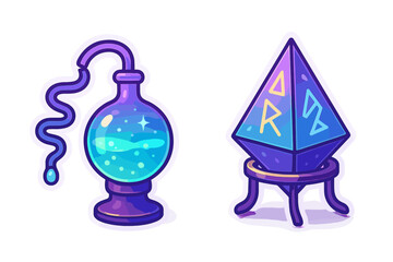 Magic potion flask and glowing rune crystal on stand sticker set