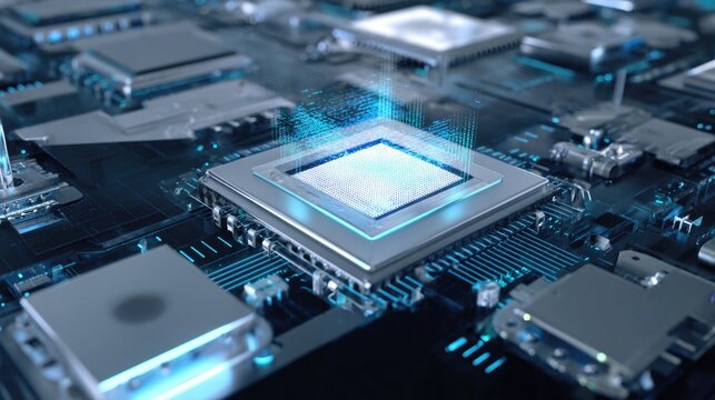 Close-up of a modern microprocessor on a circuit board.