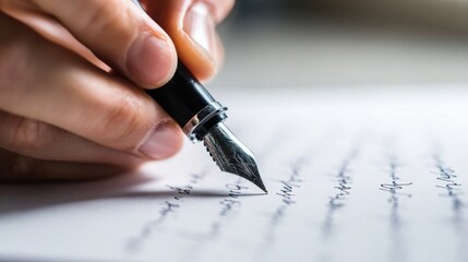 A close-up of a hand holding a fountain pen, writing on a sheet of paper. The ink flows smoothly as words are formed on the page