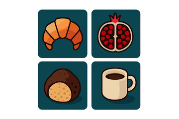 Collection of breakfast and snack icons: croissant, pomegranate, chocolate, and coffee mug