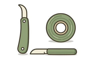 Grafting knife and roll of green sealing tape for garden plant propagation