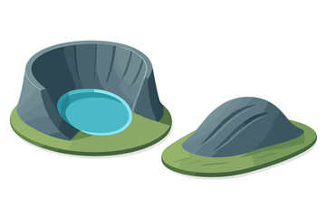 Isometric icons of nuclear power plant cooling tower and containment dome