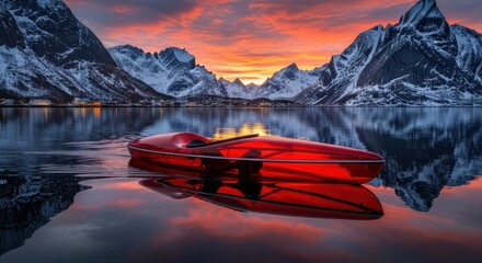 Stunning sunset over tranquil lake with a bright red kayak reflecting on water in a snowy mountain landscape