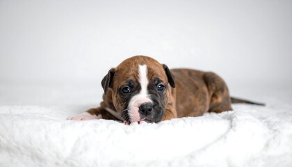 Adorable Boxer Puppy Resting on a White Blanket.