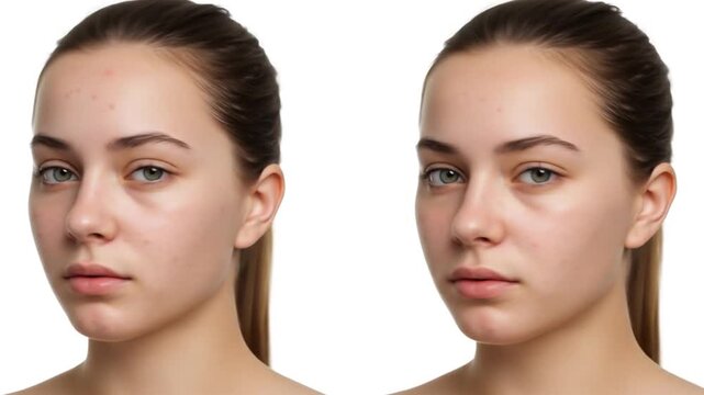 Before and after cosmetic treatment for acne blemishes on a young person's face