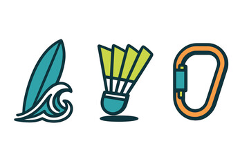 Set of three icons: surfboard, badminton shuttlecock, and climbing carabiner