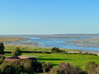 Cap Hornu panoramic vista across the Somme Bay at low tide from Saint-Valery-sur-Somme, showing winding tidal channels, broad sandbanks, marker buoys, seabirds and lush pastures beneath an autumn sky