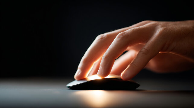 Close-up of a human hand using a computer mouse with soft glowing light in a dark environment, highlighting technology interaction and digital workspace