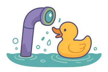 Yellow rubber duck toy floating near purple shower head in water