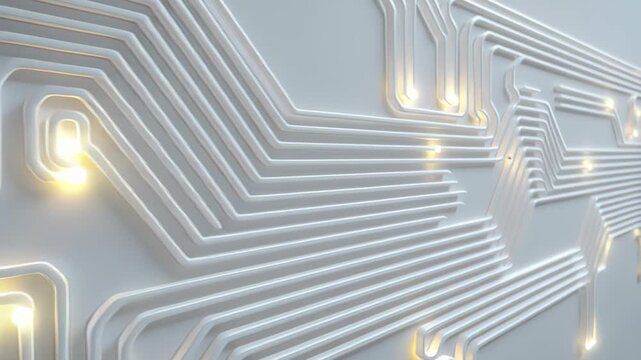 glowing circuit patterns embedded into smooth white wall, minimal futuristic stock concept 
