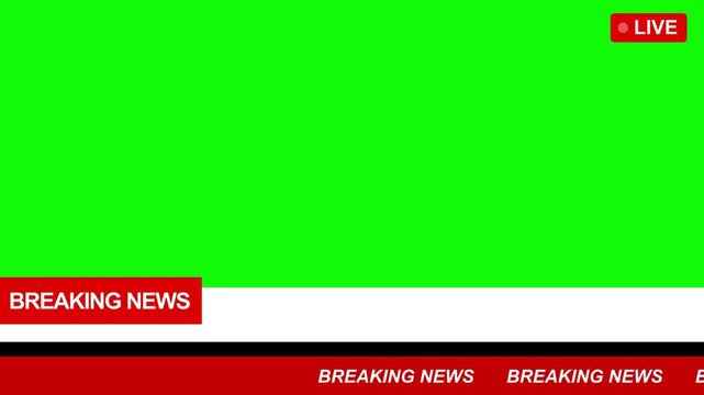 green screen breaking news lower third overlay for broadcast. 4k breaking news lower third banner for chroma key editing. breaking news lower third with green screen background.
