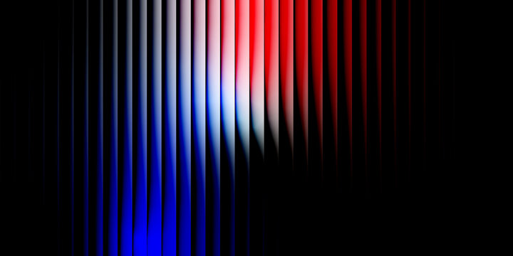 Abstract vertical lines of light in red white and blue against a black background