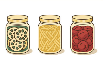 Three glass jars with assorted Asian preserved vegetables and fruits