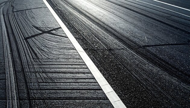 Asphalt Road Surface with White Line and Tire Tracks.