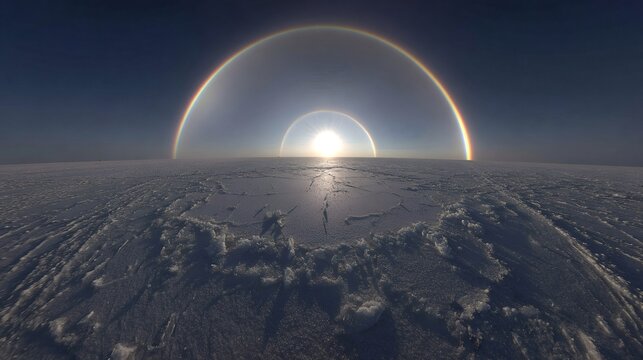Anthelion and parhelic circle optical phenomenon glowing over vast pristine snow covered polar landscape