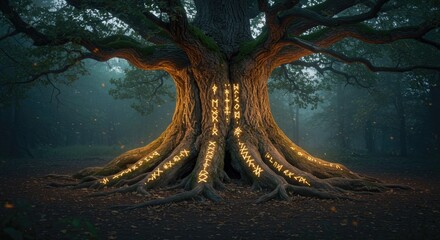 Ancient tree with glowing runes in forest landscape fantasy illustration
