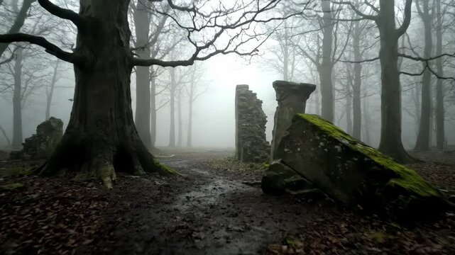 Spooky autumn forest shot with old ruins and bare tree branches under heavy fog, pseudoscientific footage.