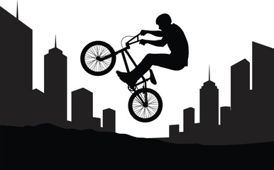 Fototapeta premium Silhouette of B M X rider performing trick against cityscape, bmx, bicycle, rider, silhouette, trick, jump, action, sport, extreme, urban, cityscape, buildings, skyscrapers, black, white, graphic, ill