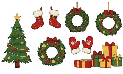 Festive Holiday Set: Tree, Wreaths, Mittens, Stockings, and Gifts