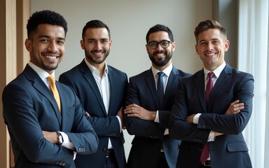 Portrait of business people of different ethnic backgrounds dressed in suits, they smile and cross their arms. Concept of: internationality and career, cooperation and team. High quality