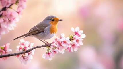 Fototapeta premium Robin Bird on Cherry Blossom Branch.