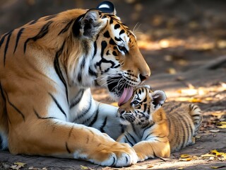 Fototapeta premium Mother Tiger Licking Her Cub