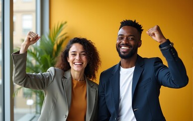 Happy business people celebrate company achievement online. Diverse man and woman smile, fist up. Success, winning team, business achievement, project success announcement. High quality