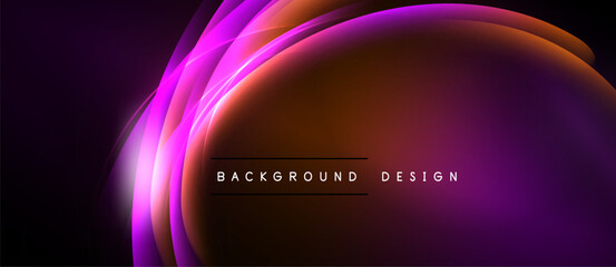 Abstract design features vibrant curves, gradients. Purple, orange hues dominate dark background. Text reads background design.