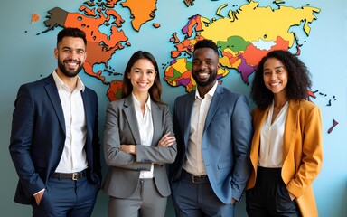 Smiling diverse and young people dressed in business attire standing in front of a world map. This is a studio shoot with a vibrant background, an enterprising global management concept. High quality