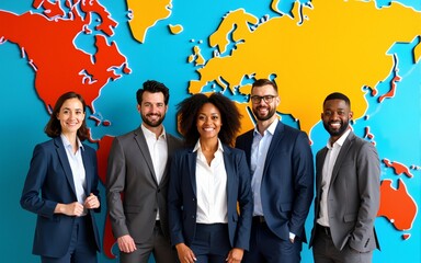 Smiling diverse and young people dressed in business attire standing in front of a world map. This is a studio shoot with a vibrant background, an enterprising global management concept. High quality
