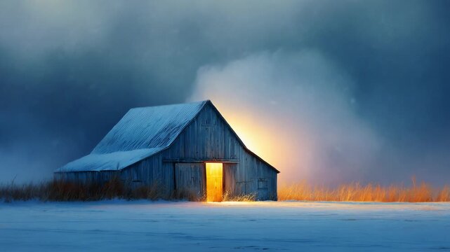 A tranquil winter scene featuring a rustic barn illuminated from within, set against a moody sky and frosty landscape, capturing the serene beauty of a snowy evening in the countryside.