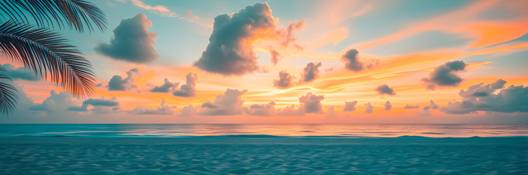 Picturesque summer beach view at sunset. Sea, sand, and sky closeup featuring palm leaves, promoting relaxing holiday vibe. Tranquil tropical island shore and beautiful nature landscape panoramic wall