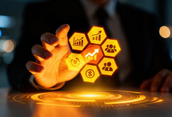 A businessman interacts with a glowing hexagonal interface displaying various finance icons, symbolizing Gross Domestic Product analysis and invest success