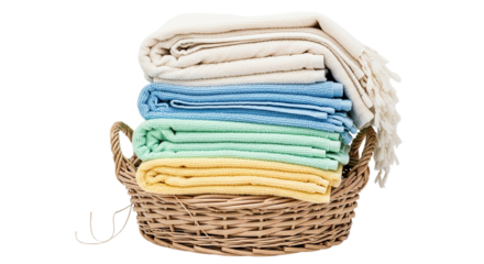 Freshly laundered colorful towels neatly folded in a rustic woven basket for a comforting spa
